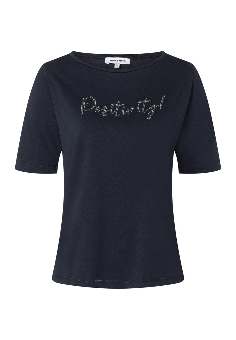 Kurzarm-Navy-T-Shirt aus weicher Baumwolle, mit entspannter Passform und silbernen Strassbuchstaben, die "Positivity!" über die Brust lesen.