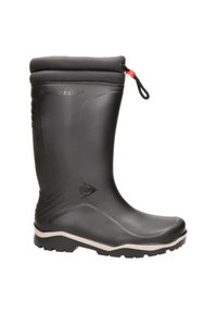 Botte de pluie noire en caoutchouc avec un haut rembourré, un cordon de serrage réglable, une surface texturée et une semelle rainurée pour une meilleure traction.