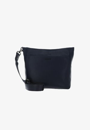 Navy leather crossbody bag with a textured surface, adjustable strap, and a subtle brand logo on the front. Rectangular shape.