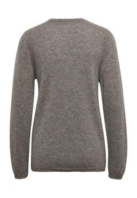 Grauer Pullover mit langen Ärmeln, Rundhalsausschnitt und weicher Textur. Verfügt über eine einfarbige Gestaltung ohne sichtbare Muster oder Akzente.