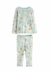Light blue pajama set with long-sleeve top and pants, featuring whimsical animal and holiday patterns. Soft, textured fabric with ruffled edges.