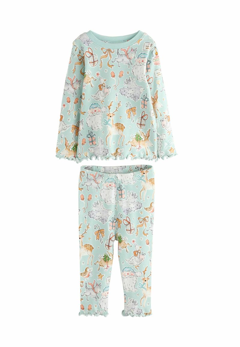 Light blue pajama set with long-sleeve top and pants, featuring whimsical animal and holiday patterns. Soft, textured fabric with ruffled edges.