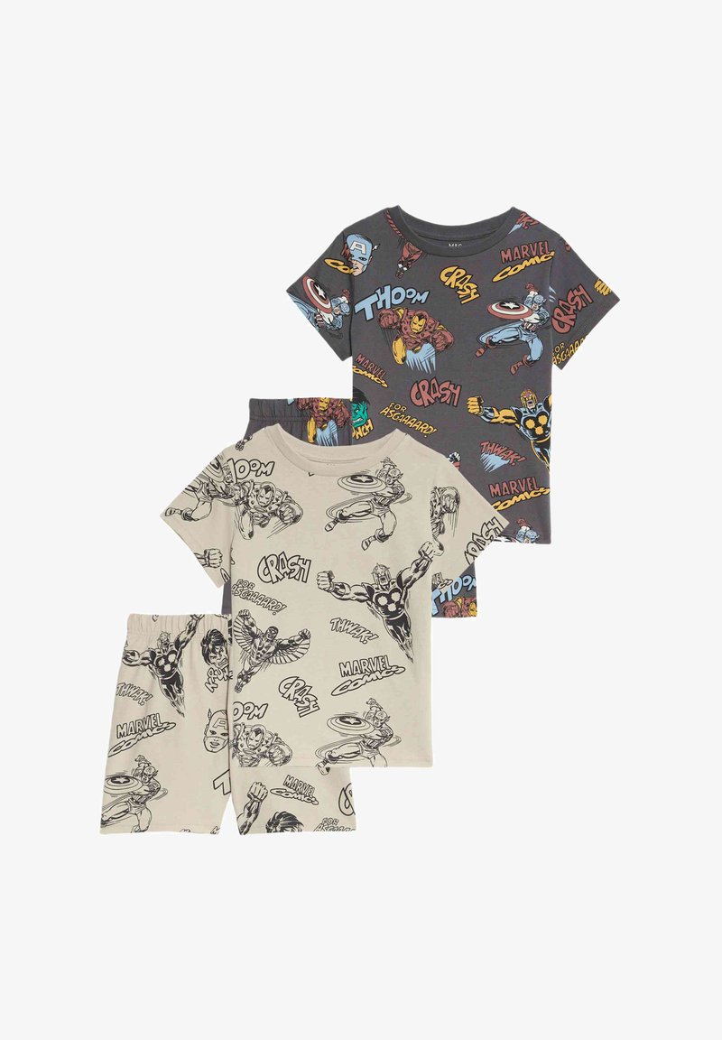 Two sets of children's pajamas. One gray with colorful comic designs; one cream with black outline illustrations of superheroes, both cotton.