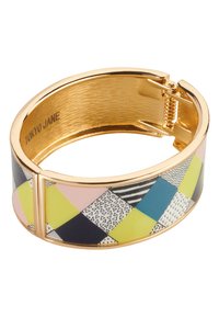 Gold-toned bangle bracelet featuring a multi-patterned, colorful inlay of geometric shapes in black, yellow, pink, and blue. Clasp closure.