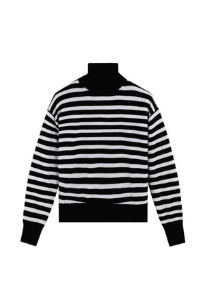Black and white horizontally striped turtleneck sweater with long sleeves and fitted black cuffs and hem.
