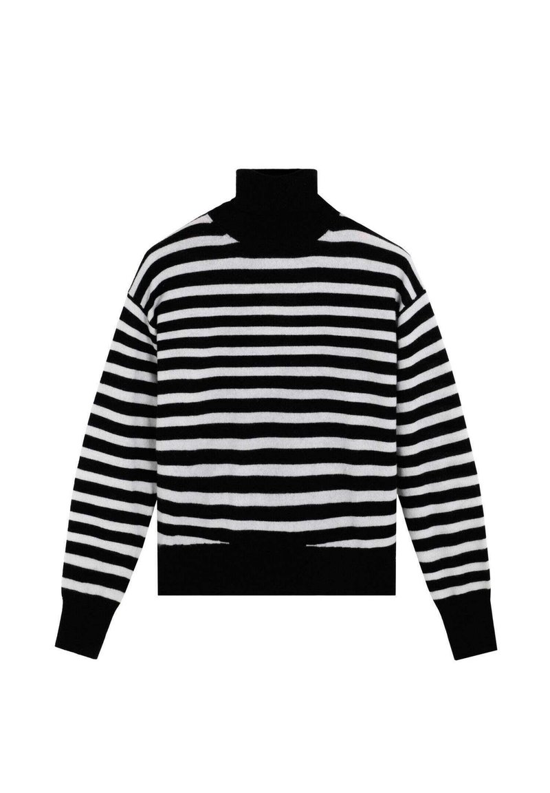 Suéter de cuello alto a rayas horizontales en blanco y negro, con mangas largas y puños y dobladillo ajustados en negro.