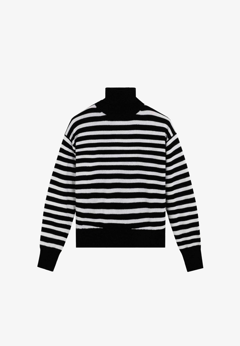 Zwart-wit horizontaal gestreepte coltrui met lange mouwen en aansluitende zwarte manchetten en zoom.