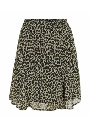 Leopardmønstrete skjørt med elastisk midje, laget av lett stoff. Har en utsvingt design og lagdelte folder for bevegelse.