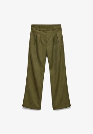 Olive green, wide-leg trousers with a textured pattern, single button closure, and front pleats for a relaxed fit.