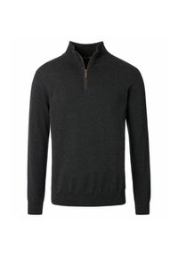 Dunkelgrauer Langarmpullover mit einem Viertelreißverschluss und hohem Kragen, gerippten Bündchen und Saum, auf einem weißen Hintergrund präsentiert.
