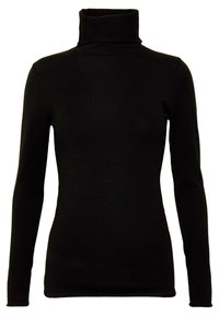 Svart långärmad polotröja med en kroppsnära passform, tillverkad av mjukt stickat material, uppställd mot en vit bakgrund.