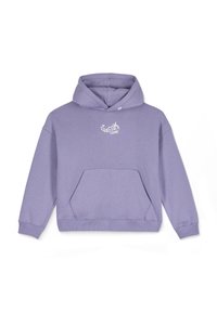 Fioletowy hoodie z przednią kieszenią kangurzą, regulowanym kapturem ze sznurkiem oraz małym białym wzorem graficznym na klatce piersiowej.