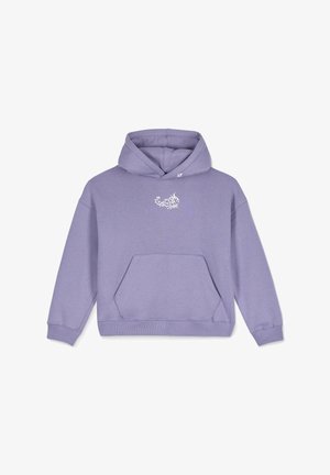 Felpa viola con tasca a marsupio frontale, cappuccio regolabile con cordino e una piccola grafica bianca nella zona del petto.