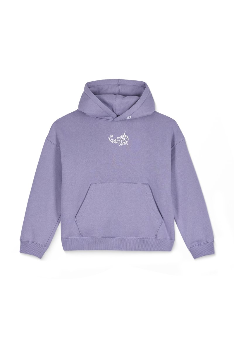 Fioletowy hoodie z przednią kieszenią kangurzą, regulowanym kapturem ze sznurkiem oraz małym białym wzorem graficznym na klatce piersiowej.