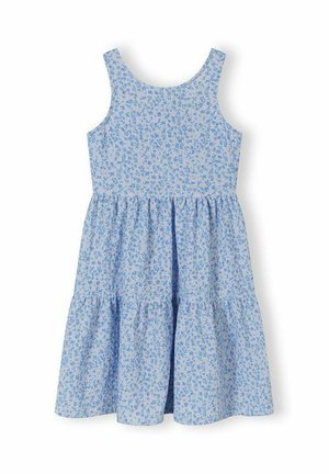Niebieska sukienka bez rękawów z drobnym kwiatowym wzorem, okrągłym dekoltem, taliowaniem i suknią w falbany, idealna na co dzień.