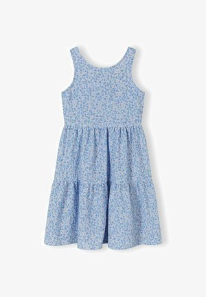 Robe bleue sans manches avec petit imprimé floral, encolure ronde, taille froncée et jupe à volants, idéale pour une tenue décontractée.