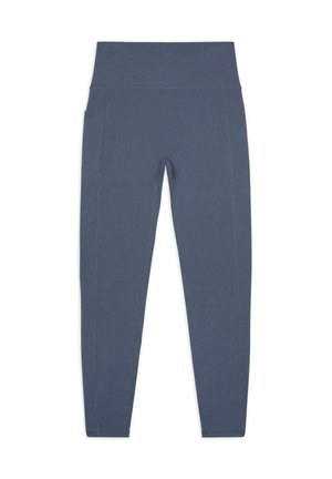 Leggings gris foncé avec une large taille élastique, texture lisse et design sans coutures. Comprend deux poches latérales et une coupe droite.