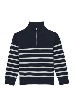 Granatowy sweter z białymi poziomymi paskami, o ryżowej strukturze, z długimi rękawami i pół-zamkiem przy wysokim kołnierzu.