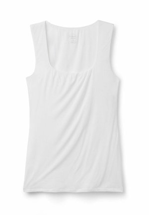 Witte tanktop van zachte stof; heeft een ronde hals en een geplooid ontwerp aan de voorkant; mouwloos met een ontspannen pasvorm.
