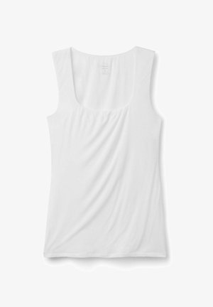 White tank top made of soft fabric; features a rounded neckline and a gathered design at the front; sleeveless with a relaxed fit.