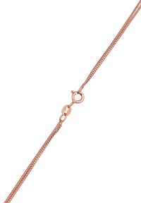 Rose gold metal halskæde med mesh-design, der har en rund fjederlås og et præget metalskilt med "925" for sølvkvalitet.