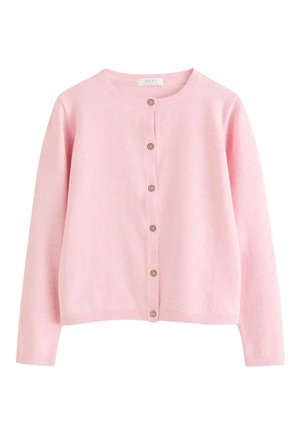 Lyserød cardigan med lange ærmer, rund halsudskæring og syv små runde knapper foran, ribstrik ved manchetter og kant.