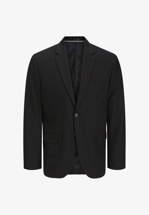 Melns žakets no gludas auduma, ar vienu pogu priekšpusi, divām pogām, ar izgrieztiem uzvalka pacelieniem un divām priekšējām kabatām.
