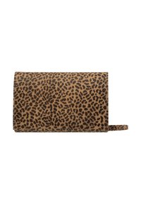 Portafoglio in pelle color cuoio con stampa leopardo, caratterizzato da una superficie liscia, forma rettangolare e chiusura a scatto con una piccola tracolla laterale.