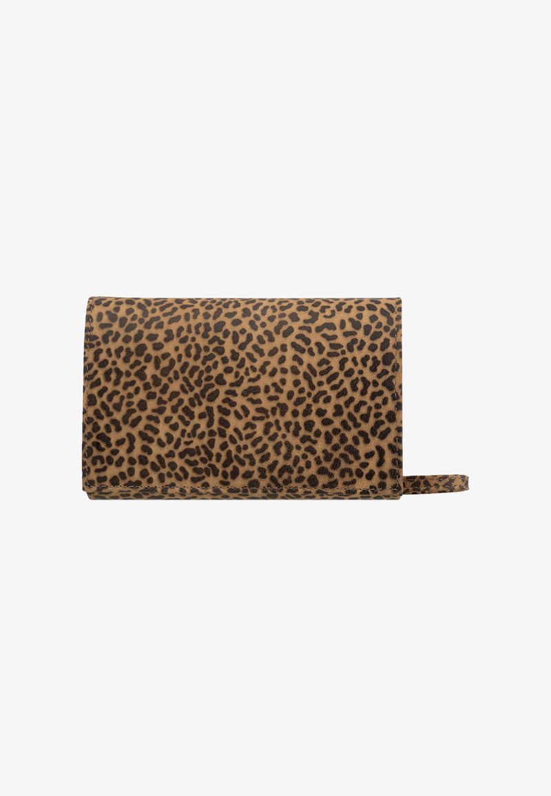 Portafoglio in pelle color cuoio con stampa leopardo, caratterizzato da una superficie liscia, forma rettangolare e chiusura a scatto con una piccola tracolla laterale.