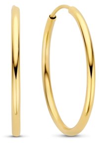 Goldene Creolen, die eine glatte, runde Form zeigen. Sie sind aus poliertem Metall gefertigt, haben eine dünne, gleichmäßige Breite und einen nahtlosen Verschluss.