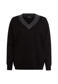 Schwarzer Pullover mit V-Ausschnitt und strukturiertem, silberakzentuiertem Kragen. Hergestellt aus weichem Material, mit langen Ärmeln und gerippten Bündchen.