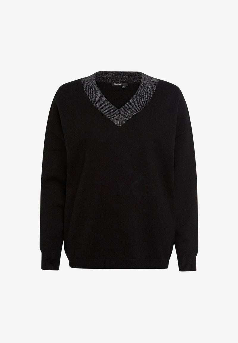 Schwarzer Pullover mit V-Ausschnitt und strukturiertem, silberakzentuiertem Kragen. Hergestellt aus weichem Material, mit langen Ärmeln und gerippten Bündchen.