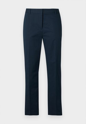 Marineblaue Hose aus glattem Stoff mit schmalem Schnitt, geraden Beinen und einer flachen Vorderseite mit Gürtelschlaufen.