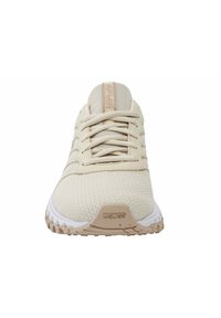 Beige sportschoen met een bovenwerk van mesh en een ronde neus. Voorzien van veters, een logo op de tong en een geribbelde rubberen zool voor grip.