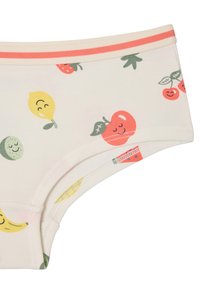 Children's cream underwear with smiling fruit patterns including apple, lemon, banana, cherry, and strawberry, featuring a pink striped waistband.