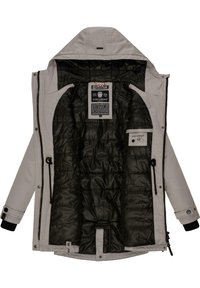 Light gray jacket with a zip-up front and detachable hood. Interior features black quilted lining and labels. Knit cuffs at sleeves.