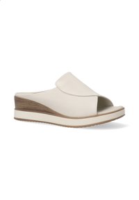 Beige slide sandal with a wide, curved upper and open toe. Features a wedge heel with wood-like accents and a textured rubber sole.