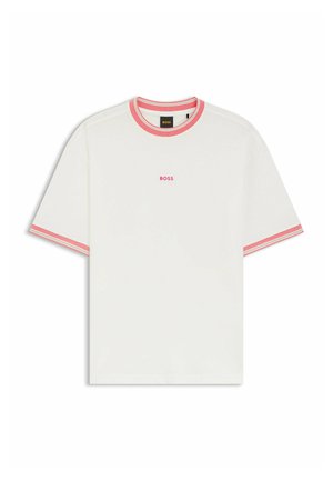 White short-sleeve t-shirt with pink trim on collar and sleeves, and "BOSS" text in pink centered on the chest.