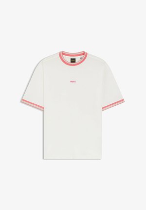 White short-sleeve t-shirt with pink trim on collar and sleeves, and "BOSS" text in pink centered on the chest.