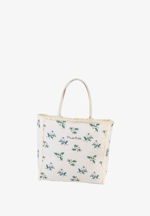 Tote bag in light beige fabric with floral print in green, purple, and red. Features textured edges and dual handles for carrying.