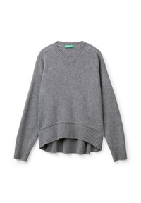 Šedý vlněný svetr s kulatým výstřihem, žebrovanými manžetami a mírně delším zadním lemem. Měkká textura a volný střih.