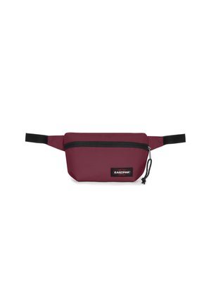 Maroon Hüfttasche aus strapazierfähigem Stoff, mit einem schwarzen Reißverschluss, verstellbarem Gurt und einem kleinen Logo-Patch auf der Vorderseite.
