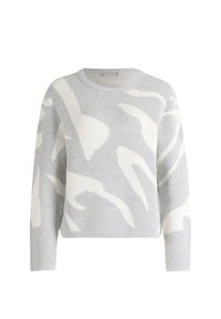 Hellgrauer gestrickter Pullover mit weißem abstraktem Muster, Rundhalsausschnitt, langen Ärmeln und gerippten Bündchen. Weiche Textur, lässiges Design.