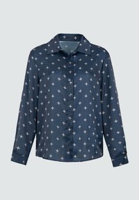 Donkerblauwe button-up shirt van glanzende stof met een bloemenpatroon, lange mouwen, klassieke kraag en kleine blauwe knopen.