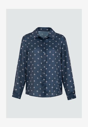 Dunkelblaues Hemd mit glänzendem Stoff, floralem Muster, langen Ärmeln, klassischem Kragen und kleinen blauen Knöpfen.