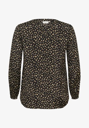 Blouse noire à manches longues, avec un motif imprimé léopard aux tons beiges et bruns. Encolure en V avec un détail de bouton à l'avant.