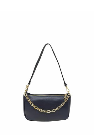 Borsa a tracolla in pelle blu navy con dettaglio a catena, dotata di chiusura con zip e superficie texturizzata. Include una tracolla removibile per una maggiore versatilità.