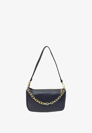 Borsa a tracolla in pelle blu navy con dettaglio a catena, dotata di chiusura con zip e superficie texturizzata. Include una tracolla removibile per una maggiore versatilità.