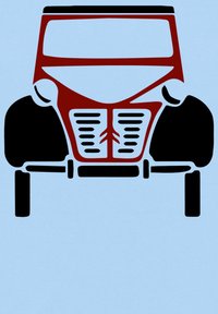 Přední pohled na stylizovanou ilustraci auta v černé a červené na světlomodrém pozadí. Obsahuje výrazné tvary a jednoduché linie, bez detailů.