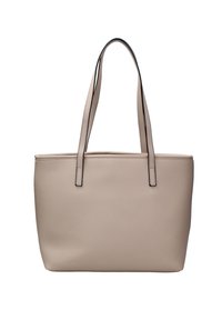Borsa a tracolla in pelle beige con due manici lunghi, una texture liscia e cuciture nere a contrasto lungo i bordi. Forma rettangolare semplice.